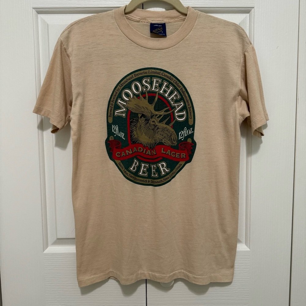 Vintage 80s Moosehead Lager Beer Tee Mens L Single Stitch USA Tan 50/50 Sneakers